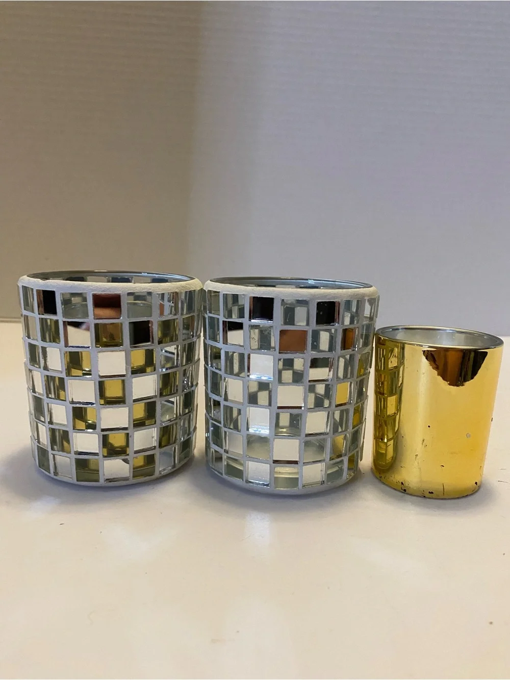 Silver Mirror Mosaic Votive Glass Candle Holder With Gold Insert Set Of 2